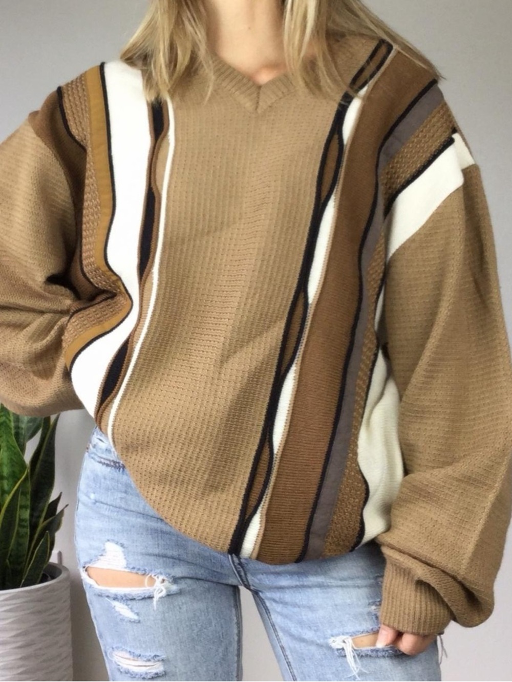 Cozy V-Neck Striped Camel Sweater